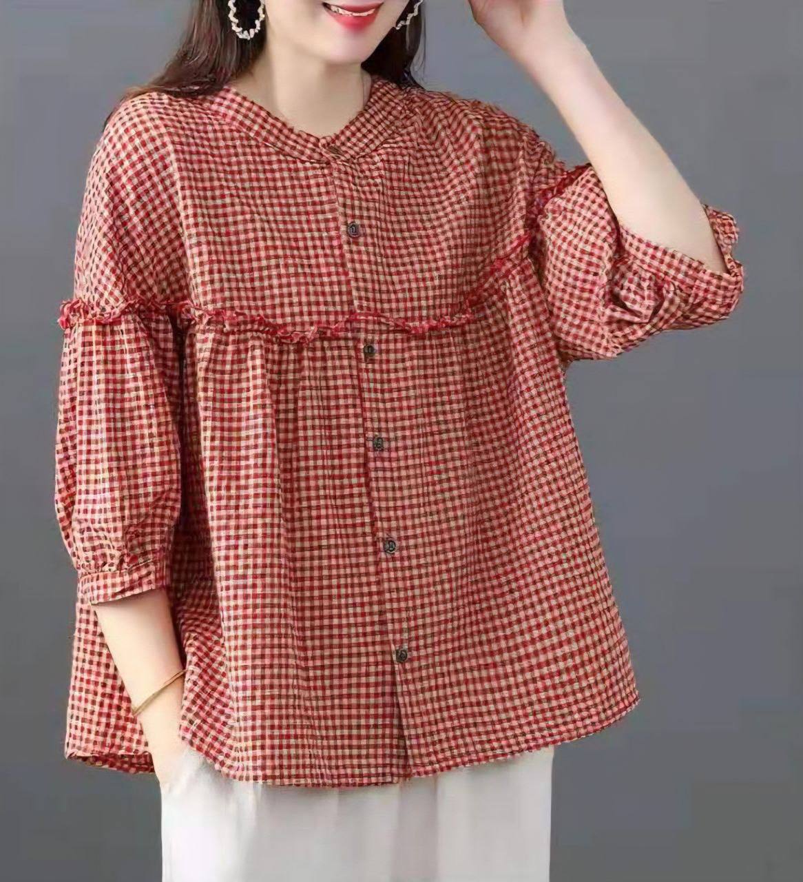 شومیز چهارخونه وارداتی آستین سرخود در دو رنگ (۲)