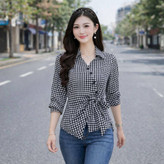 شومیز چهارخونه بغل گره ای وارداتی کد ۳۰۶۵