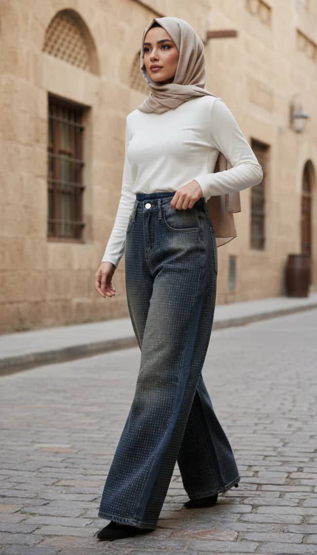 شلوار جین نگیندار وارداتی تکرنگ