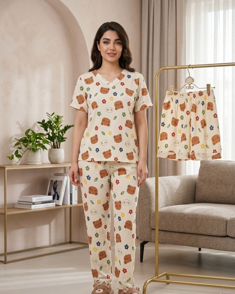 ست نخ پنبه راحتی زنانه سه تیکه وارداتی
