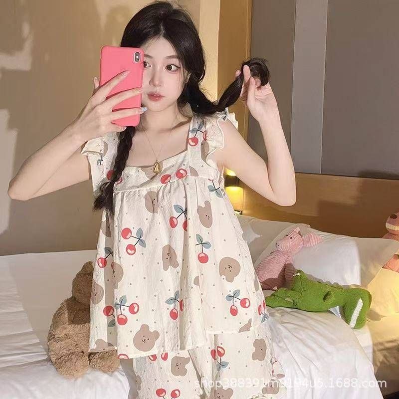 ست تاپ و شورتک زنانه نخی طرح خرس و گیلاس لباس راحتی دخترانه خنک و تابستانی