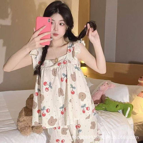 ست تاپ و شورتک زنانه نخی طرح خرس و گیلاس لباس راحتی دخترانه خنک و تابستانی