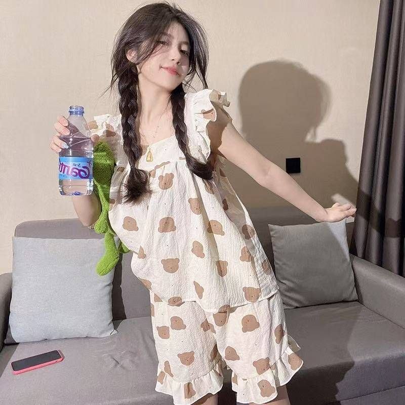 ست تاپ و شورتک زنانه نخی طرح خرس
