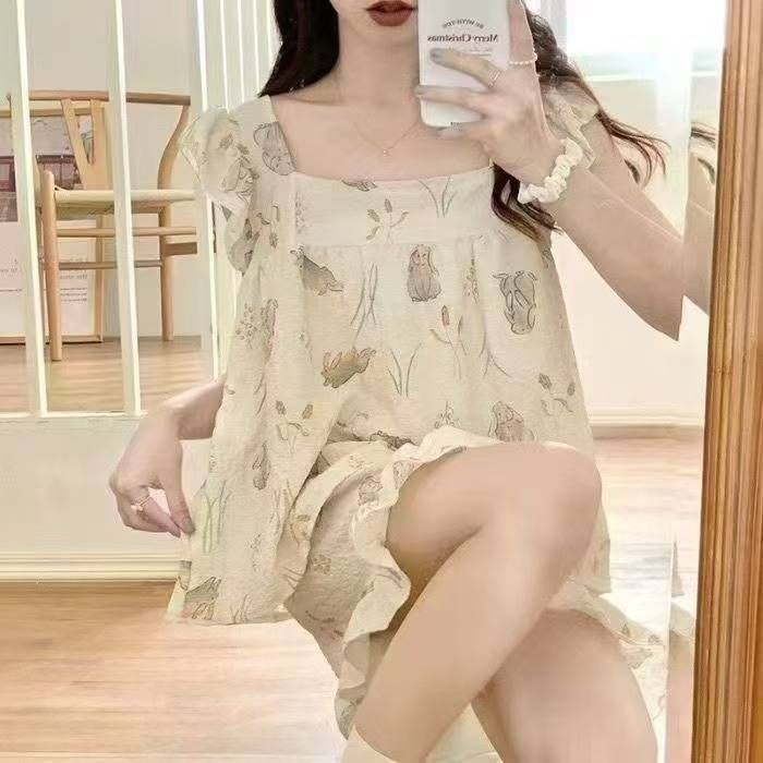 ست نخی تاپ و شورتک زنانه با طرح خرگوش