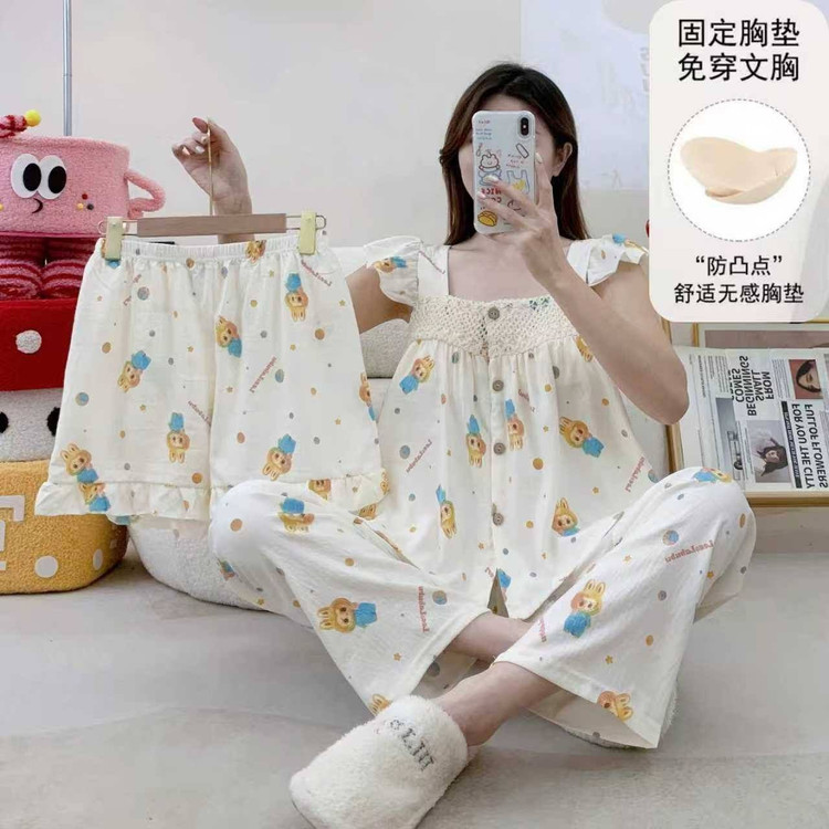 ست سه تیکه تاپ شلوار و شورتک نخی زنانه و دخترانه طرح لبوبو فری سایز
