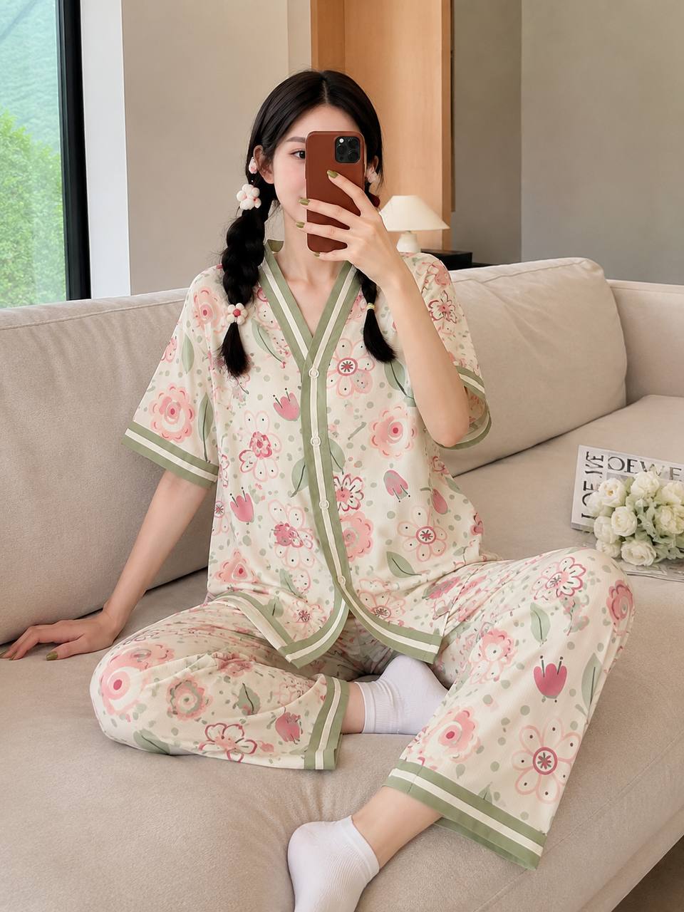 ست دوتیکه بلوز و شلوار گلدار نخی زنانه وارداتی
