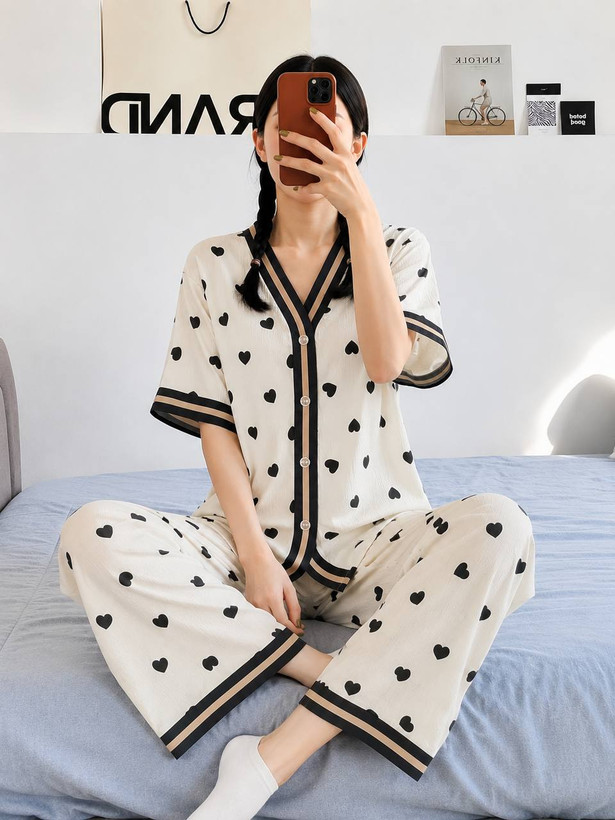 ست بلوز و شلوار زنانه راحتی وارداتی با طرح قلب